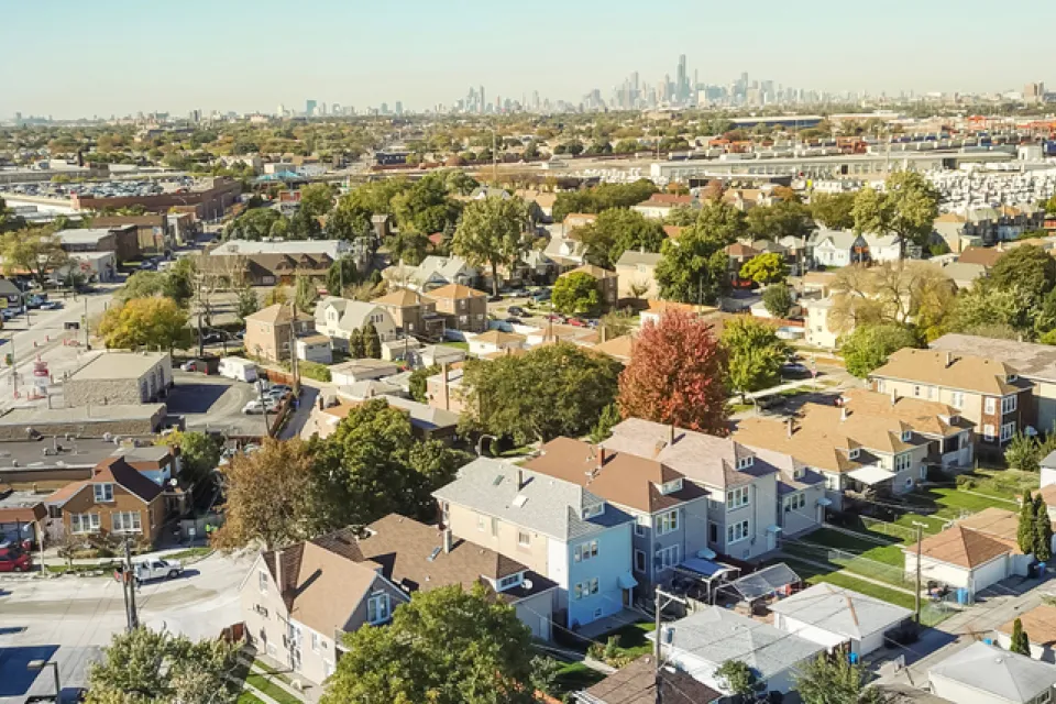 Aerial view of homes west of downtown Chicago, Illinois
